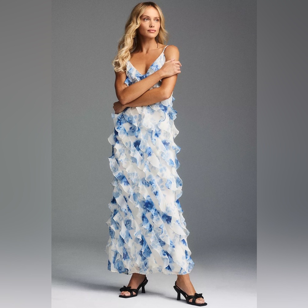 NWT BHLDN Jia Printed Bias-Cut Ruffled V-Neck Gown